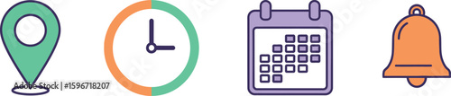 Location time calendar notification icons for reminders and schedules concept