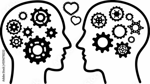 Two human heads facing each other filled with gears and hearts symbolizing connection and thought process