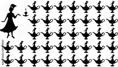 Silhouette of a woman with lamps and genies in a repeating pattern on a white background image