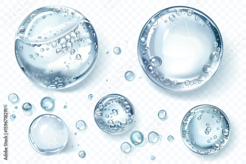 Molecules inside bubbles on blue background. Collagen serum bubble. Cosmetic essence. Concept skin care cosmetics solution. Vector 3d illustration