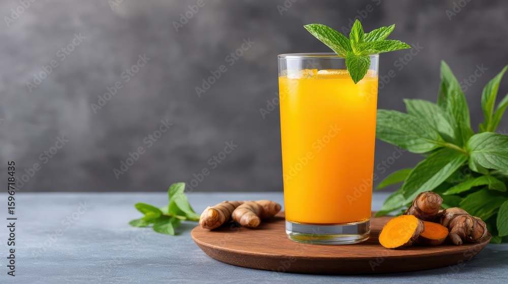 Fototapeta premium Refreshing Turmeric Juice with Mint Garnish on Gray Background