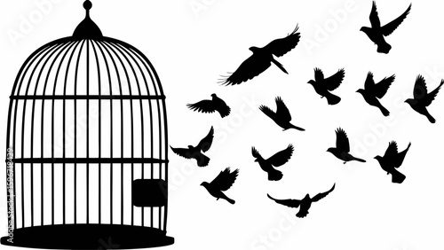 Silhouette of a birdcage with birds flying away representing freedom and liberation in black and white