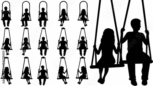 Silhouette depiction of children and adults enjoying swings in a park setting with multiple figures shown