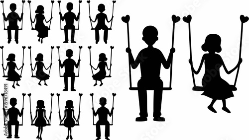 Silhouette illustration of people on swings with heart shaped tops in a pattern design element for love theme 100