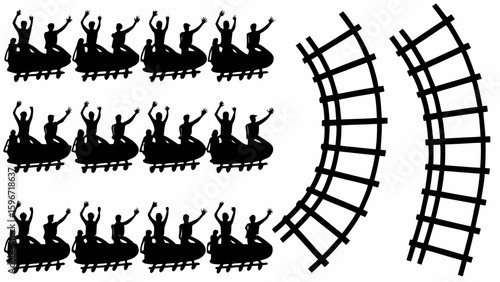 Silhouette of people riding a roller coaster with tracks in black and white theme for amusement park