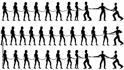 Silhouette illustration of three tug of war competitions with men versus women teams in black and white