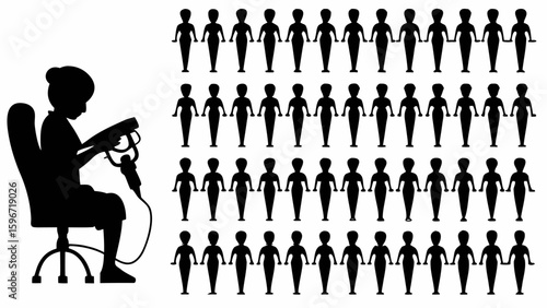 Silhouette of woman in chair holding device with multiple silhouettes of women standing in rows behind