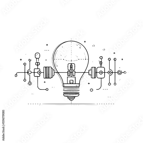Illustration of a lightbulb connected to various mechanical components in a detailed line drawing style