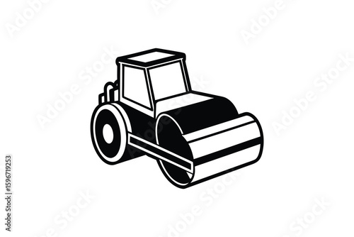 Road Roller Vehicle Construction Equipment Black and White Graphic Illustration Heavy Machinery Paving Compactor Machinery Industrial Transport Silhouette This black white