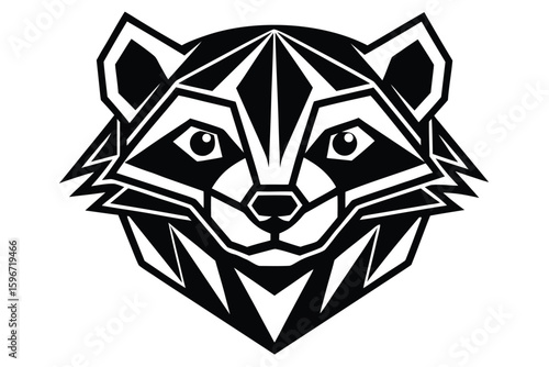 Geometric raccoon face looks forward with striking black and white contrasts