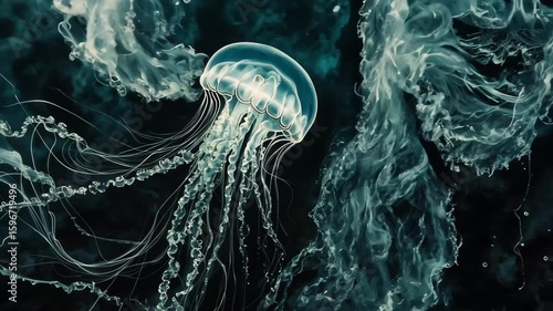 Jellyfish glides gracefully through the depths of the ocean, showcasing its ethereal beauty, Jellyfish Swims Past In Deep Sea