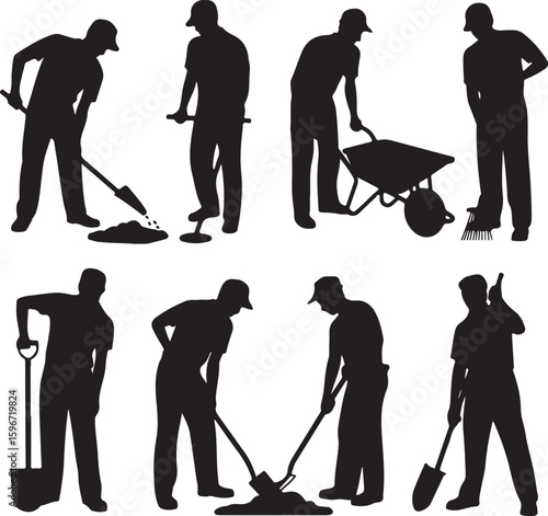 Construction workers performing different tasks silhouetted