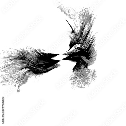 Abstract black and white illustration featuring swirling lines and sharp angles on a white background