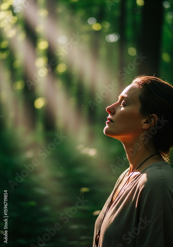 A serene photorealistic portrait of a person finding peace and escape in a sunlit green forest
