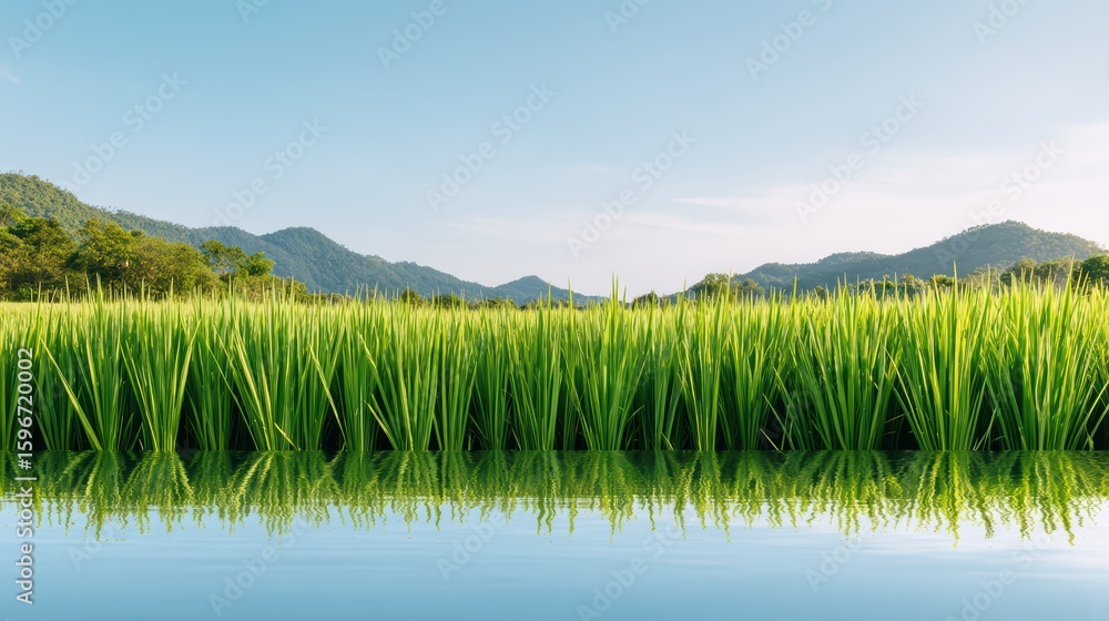 Fototapeta premium Serene Green Rice Field Reflection in Calm Water Body