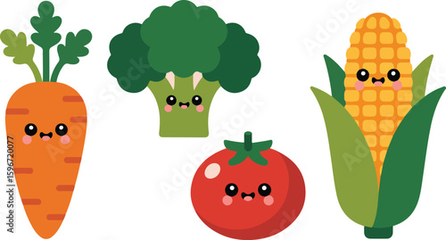 Cute cartoon vegetables with happy faces illustration