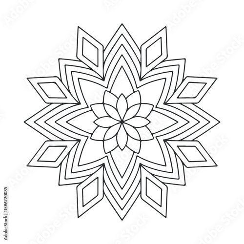 Black outline geometric mandala on white background