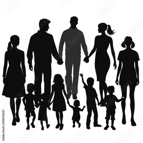Diverse family silhouettes holding hands with parents and children in a united group