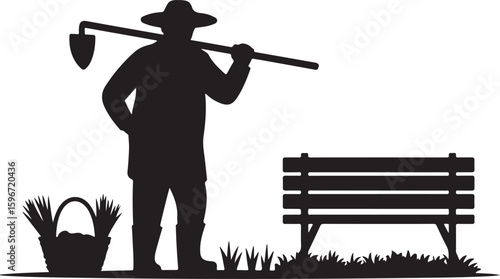 Farmer silhouette with hoe bench and basket vector illustration