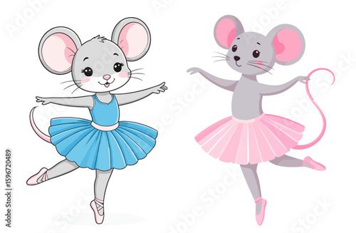 Ballerina mice in tutus, set of two, vector illustration. AI