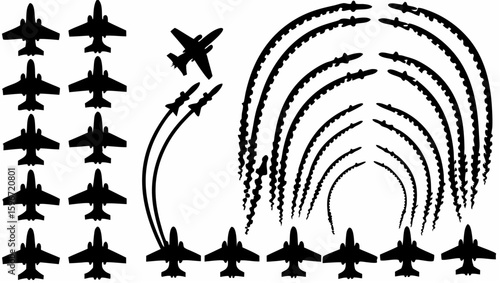 Silhouette depiction of multiple fighter jets in formation and flight patterns against a white backdrop