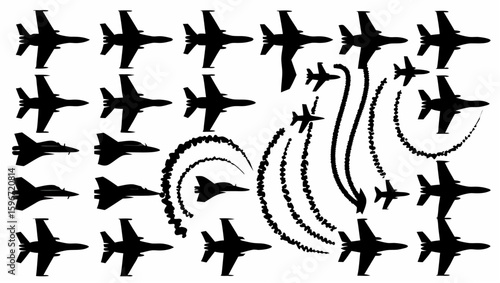 Silhouette illustration showcasing a squadron of fighter jets in various formations with vapor trails