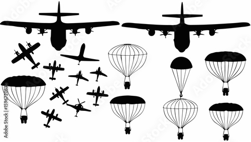 Silhouette illustration featuring airplanes and parachutes in a dynamic and varied arrangement design style