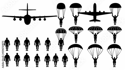 Silhouette depiction of airplanes and parachutists in various stages of deployment and standing positions