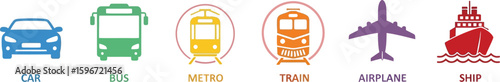Types of transport icons set vector illustration car bus train airplane ship