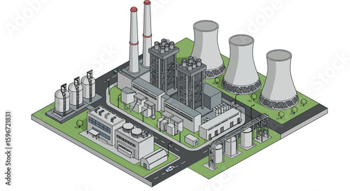 Isometric industrial plant with cooling towers and chimneys in urban environment