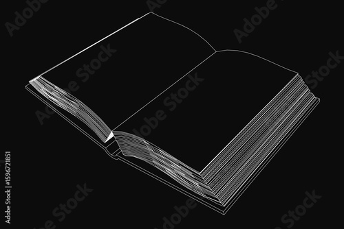 An open book with a clean white contour line drawing stands out against a dark black background. The minimalist design highlights the book's shape and details.