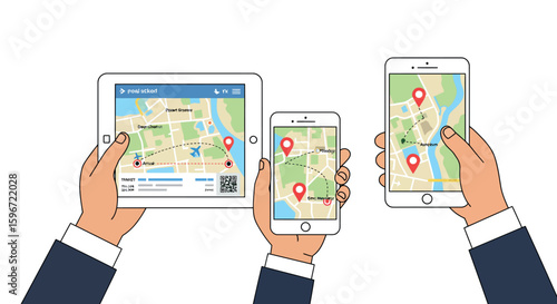 Hands holding devices with navigation apps and maps in modern flat style