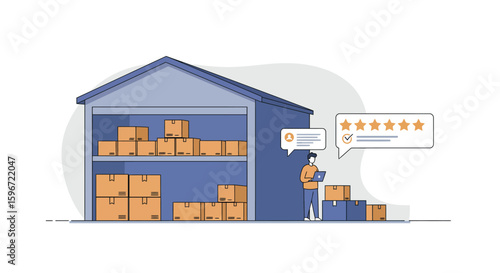 Warehouse management concept with worker and cardboard boxes in modern cartoon style