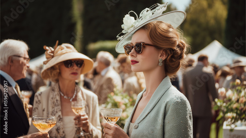 Elegant garden party features stylish guests enjoying cocktails on a sunny afternoon in a scenic outdoor venue