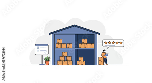 Warehouse interior with worker organizing boxes and checking reviews