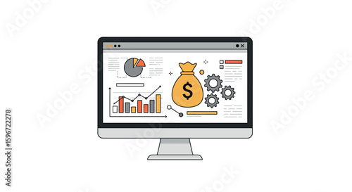 Financial data analysis on computer screen with charts and money bag icon
