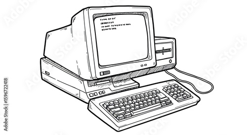 Retro computer drawing with vintage keyboard and monitor in black and white sketch style
