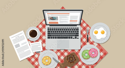 Cozy desk with breakfast and laptop on checkered tablecloth, top view