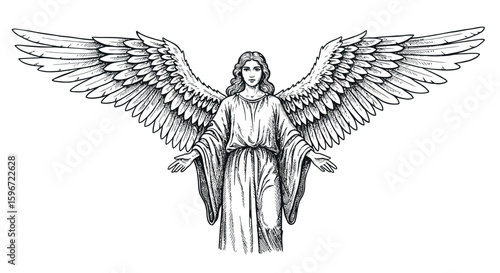 Detailed monochrome angel with outstretched wings in hand-drawn style