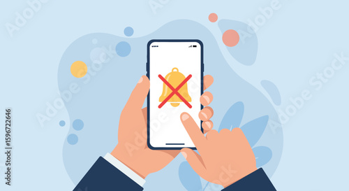 Man turning off notification on smartphone in modern flat design