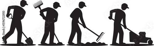 Gardeners silhouette performing various yard maintenance activities