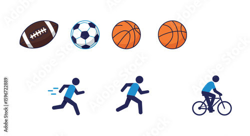 Sports icons set with football, basketball, soccer, running, and cycling