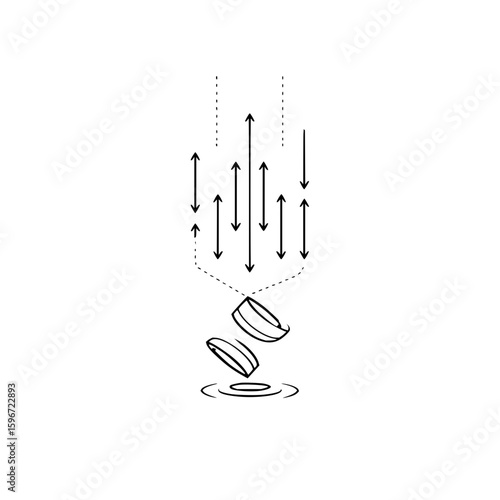 Arrows pointing up and down converge on lenses falling into water creating ripples on a white background