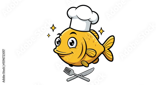 Cute chef fish with fork and knife cartoon
