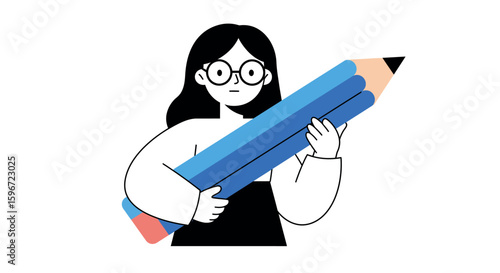 Flat design: woman holding oversized pencil clip art for creative projects