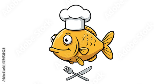 Cartoon chef fish with hat and cutlery on white background
