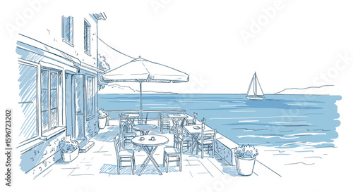 Coastal terrace café with sea view and sailboat in sketch style