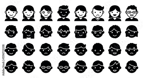 Diverse cartoon faces set with various expressions in silhouette style