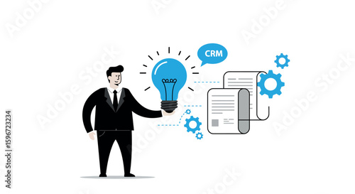 Businessman holding lightbulb with crm documents and gears in flat style