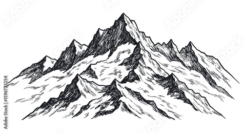 Hand drawn mountain landscape with sharp peaks and rugged terrain